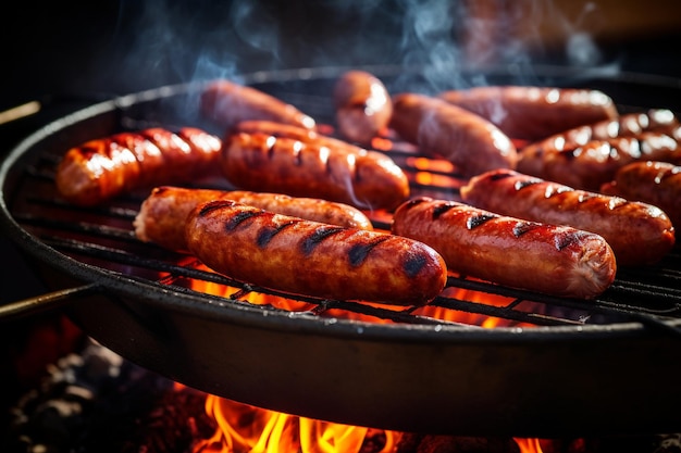 Photo sausages sizzling on a hot grill