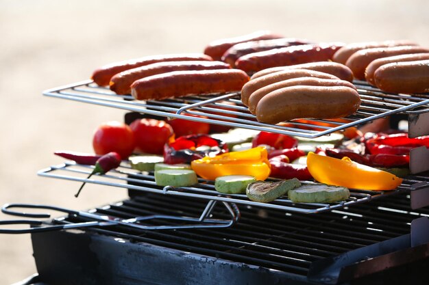 Sausages and vegetables on barbecue grill closeup