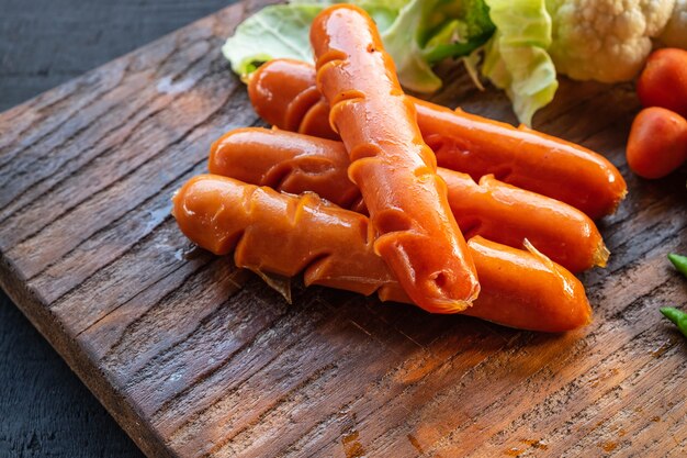 Sausages and vegetables on a wooden cutting board