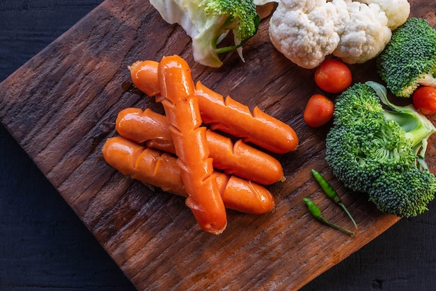 Sausages and vegetables on a wooden cutting board