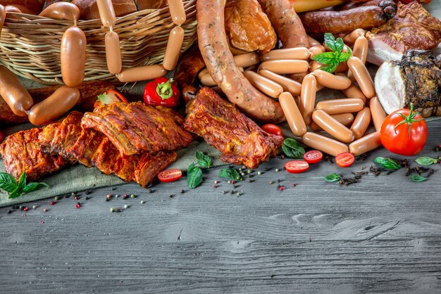 Sausages and vegetables on wooden table