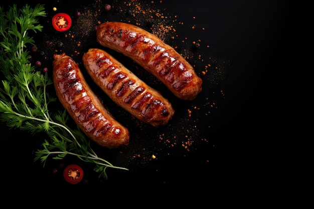 Sausages with spices grilled on black top view with copy space