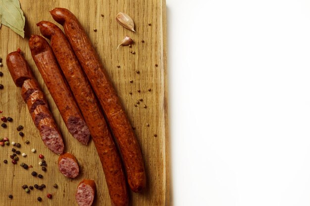 Sausages on a wooden board with garlic and spices Space for text