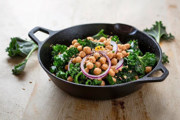 Photo sauteed kale with chickpeas and red onion vegan dish in a cast iron skillet