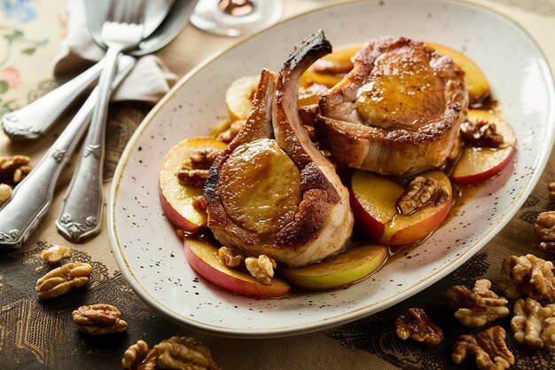 Photo sauteed pork chops with caramelized apples and walnuts