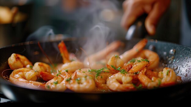 Photo sauteed shrimp in a pan emitting steam with a blurred background