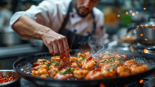 Photo sauteed shrimp with herbs and spices in a pan