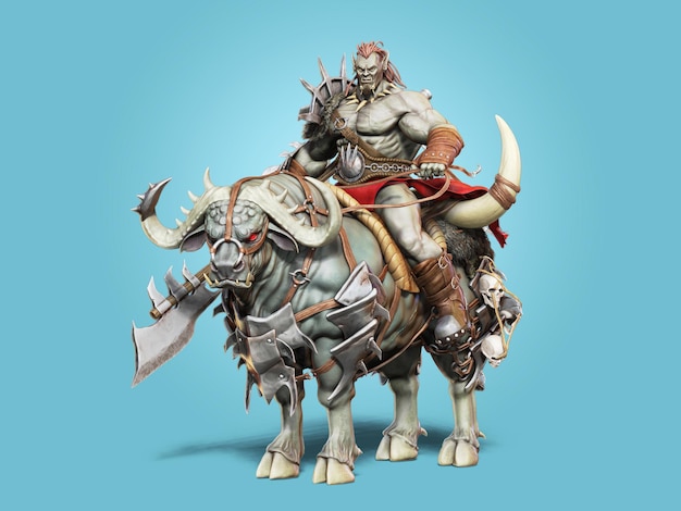 Savage Orc Brute leider die ten strijde trekt met traditionele harnassen en uitgerust met een dorsvlegel. Fantasie thema karakter op een afgelegen witte achtergrond. 3D-rendering