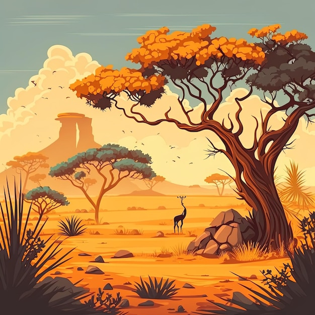 Photo savanna background in 2d illustrated picture of nature