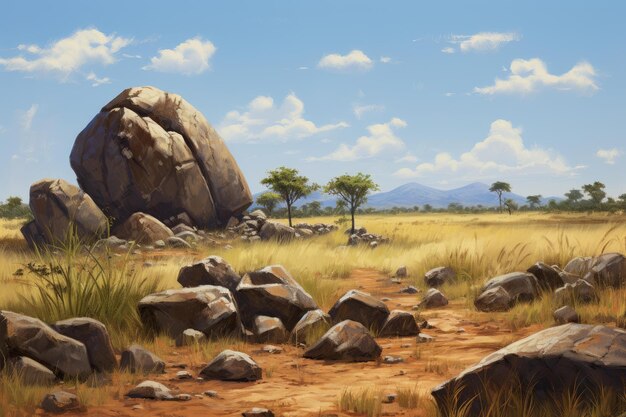 Savanna rocks field grass Generate Ai