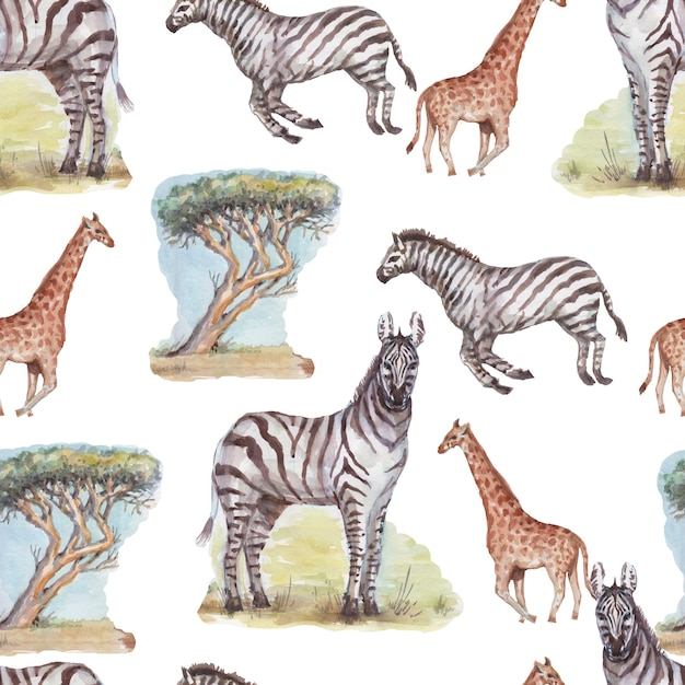 Savannah afrika zebra giraffe safari dieren aquarel hand getekende illustratie