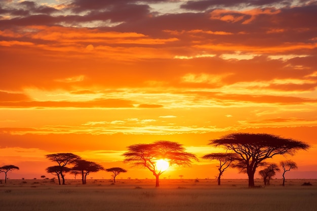 Savannah-akaciabomen bij zonsondergang met silhouet