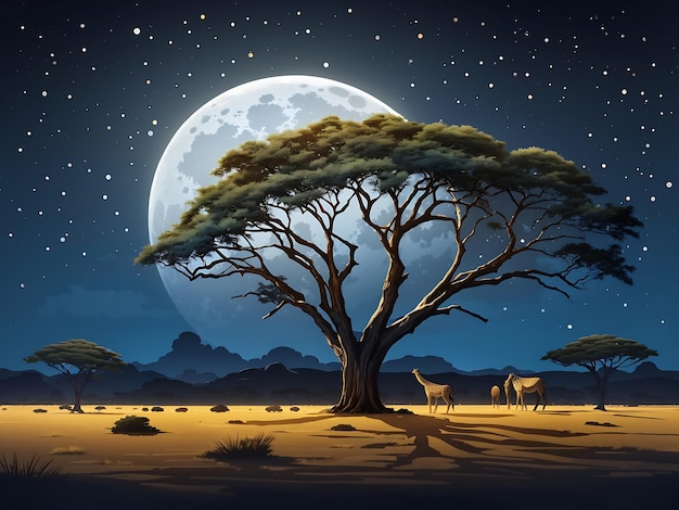 Savannah landscape with acacia trees at night vector cartoon illustration moon and stars in dark sky