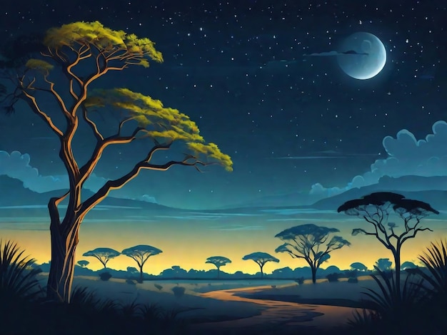 savannah landscape with acacia trees at night