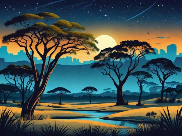 savannah landscape with acacia trees at night