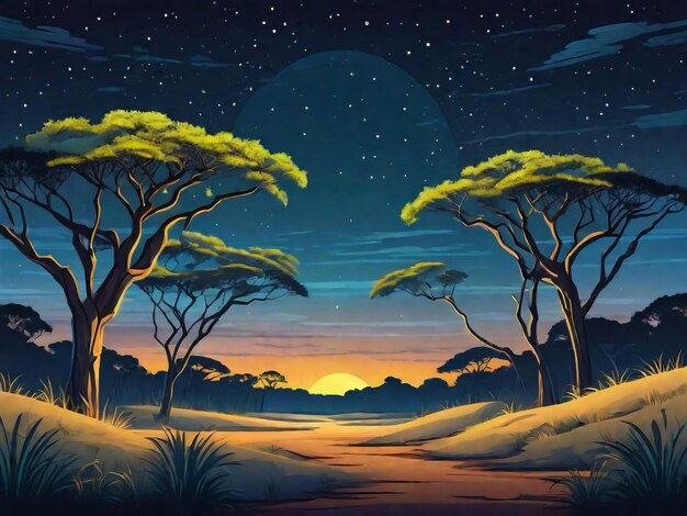 savannah landscape with acacia trees at night