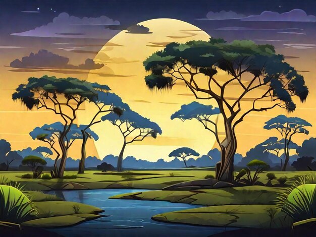 Savannah landscape with acacia trees at night