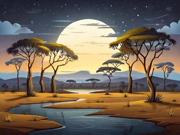 Savannah landscape with acacia trees at night