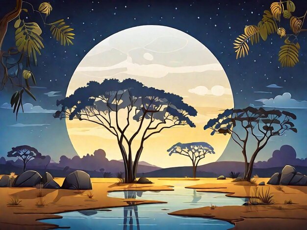 Savannah landscape with acacia trees at night