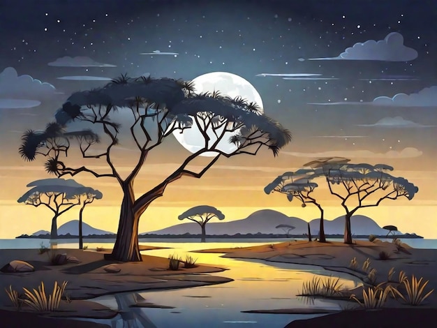 Savannah landscape with acacia trees at night