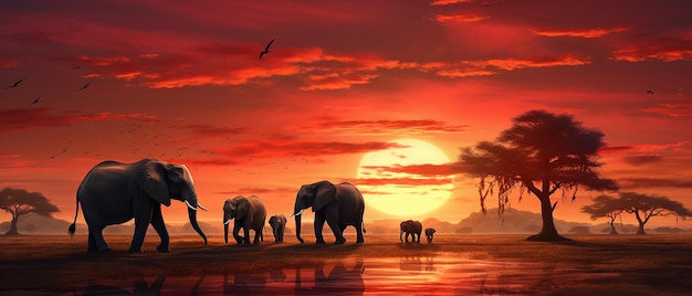 Savannah serenity family of elephants walking through the savannah at sunset