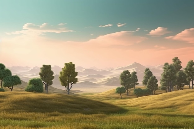 Savannah with trees green grass bushes and mountains on the horizon 3d rendering raster illustration