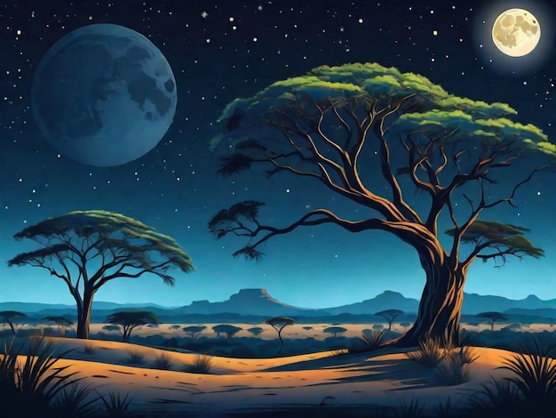 savanne landschap met akacie bomen's nachts