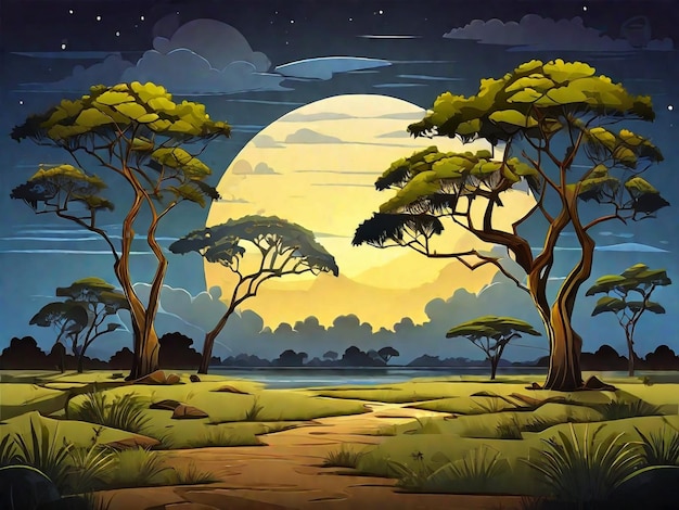 Savannelandschap met acaciabomen 's nachts