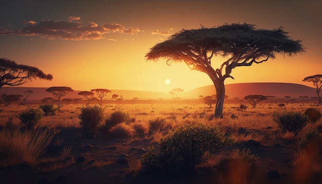 Savannelandschap met boom en kreupelhout bij zonsondergang AI