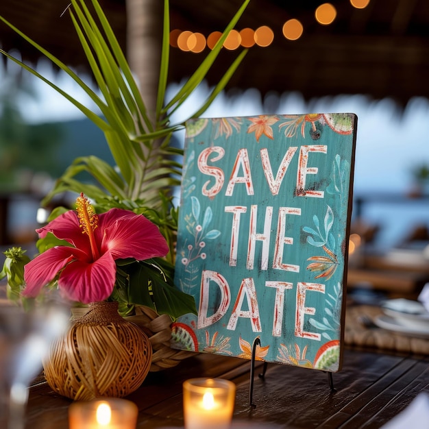 Photo save the date sign next to candles