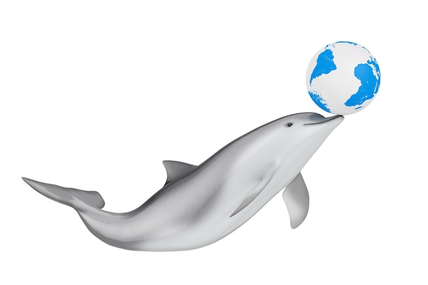 地球の概念を保存します。 Tursiops TruncatusOceanまたはSeaBottlenose Dolphinは、白い背景でEarthGlobeと遊んでいます。 3Dレンダリング