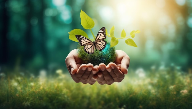 save the earth concept with butterfly and earth in hands