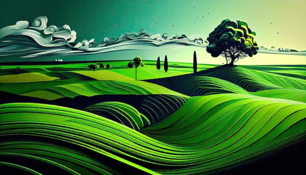 Foto salvare il pianeta verde pittura vibrante e colorata di un campo verde lussureggiante pieno di alta erba verde e la luce solare crea un'atmosfera calda e invitante