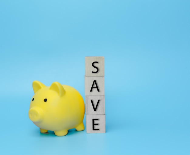 Save money in piggy bank on blue background