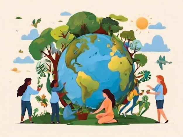 Save the planet concept with people taking care of the earth