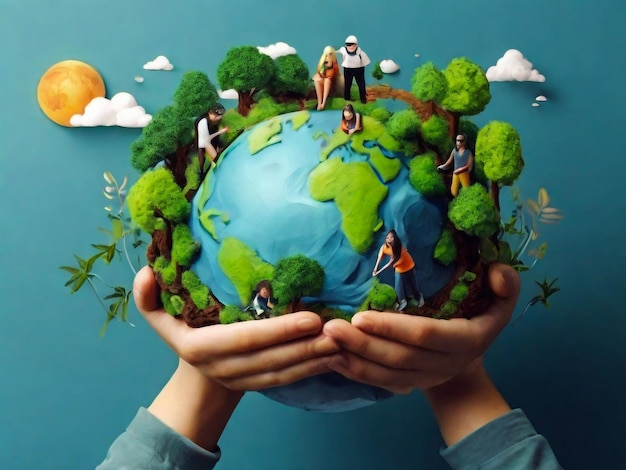 Save the planet concept with people taking care of the earth