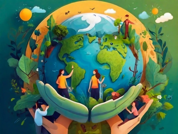 Save the planet concept with people taking care of the earth