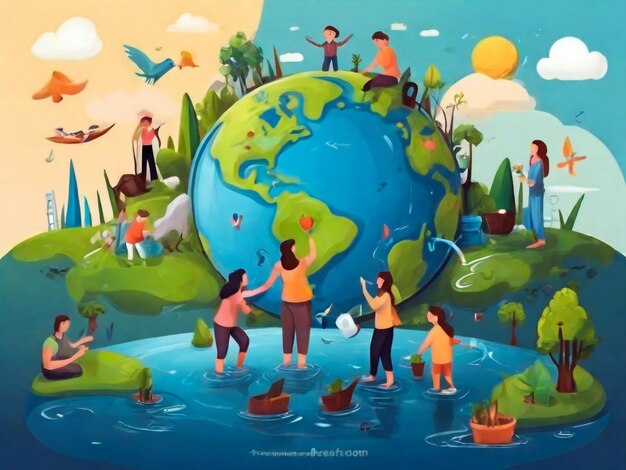 Save the planet concept with people taking care of the earth