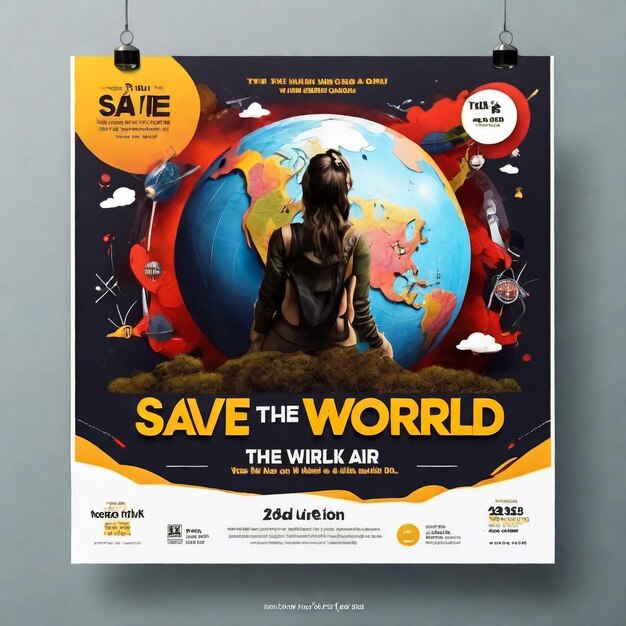 Foto save planet earth flyer template flat design environment met eco-vriendelijke bewerkbare illustratie vierkante achtergrond voor sociale media of kaartjes