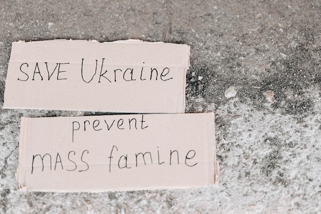 Save Ukraine is written on a piece of cardboard