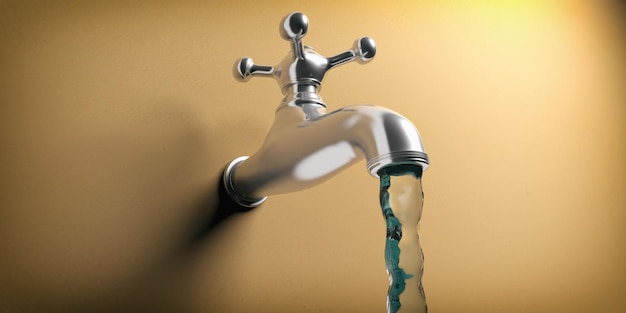 Photo save water metal faucet flowing on beige background 3d illustration