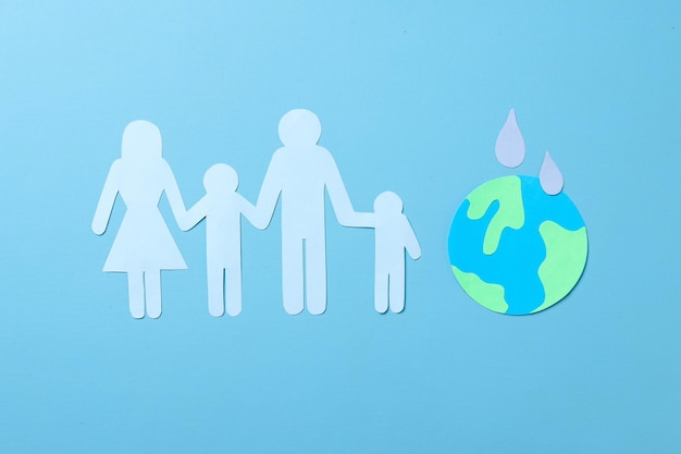 Save the water safe life Family figure globes and water drop shape on blue background