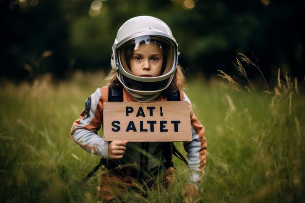 Saving the earth astronaut girl takes a stand on the green meadow