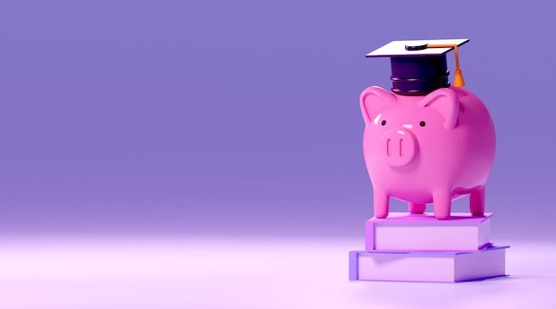 Risparmio per il concetto di istruzione, salvadanaio rosa con cappuccio di laurea. 3d illustrazione