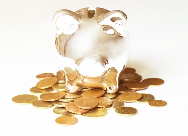 Saving, male hand putting a coin into piggy bank.