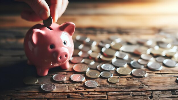 saving money by adding coin in pig shaped bank after retirement and record keeping of income expenditure savings and financial concepts Generative Ai