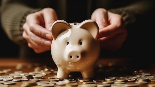 Saving Money Hands Holding a Piggy Bank Above Coins