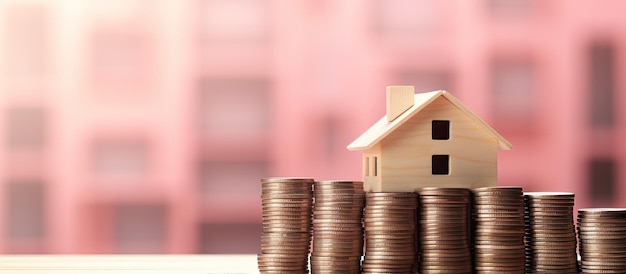 saving money and investing is represented by wooden houses standing on stacks of coins against