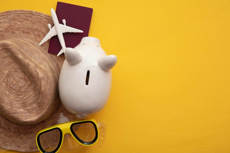 Photo 夏休みのために貯金。休日の旅行アクセサリーが付いているお金の貯金箱。