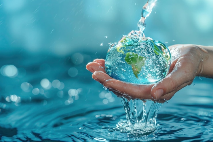 Photo saving water with a globe in hands